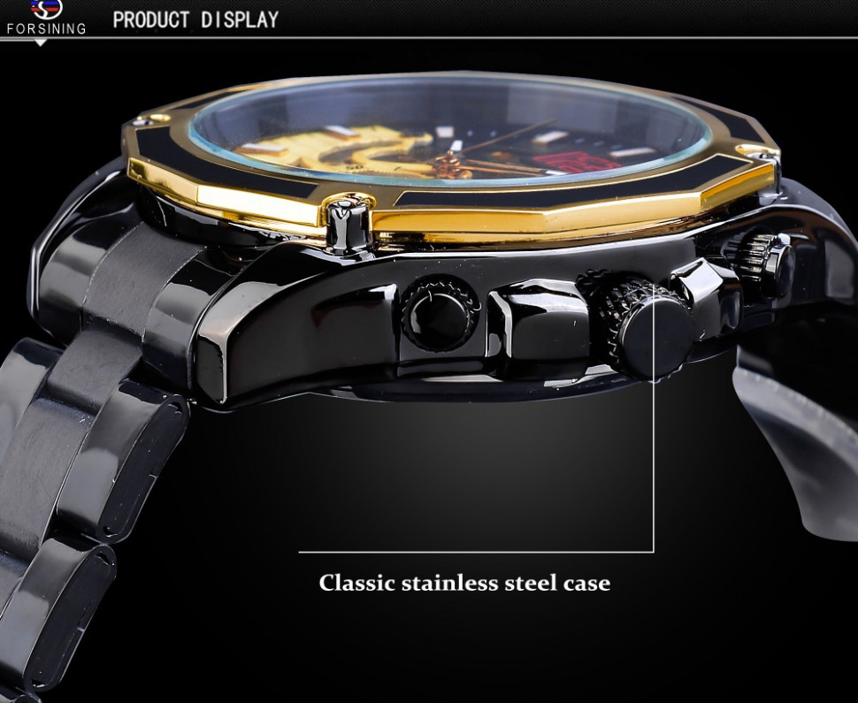 Чоловічий годинник механічний Forsining black+gold