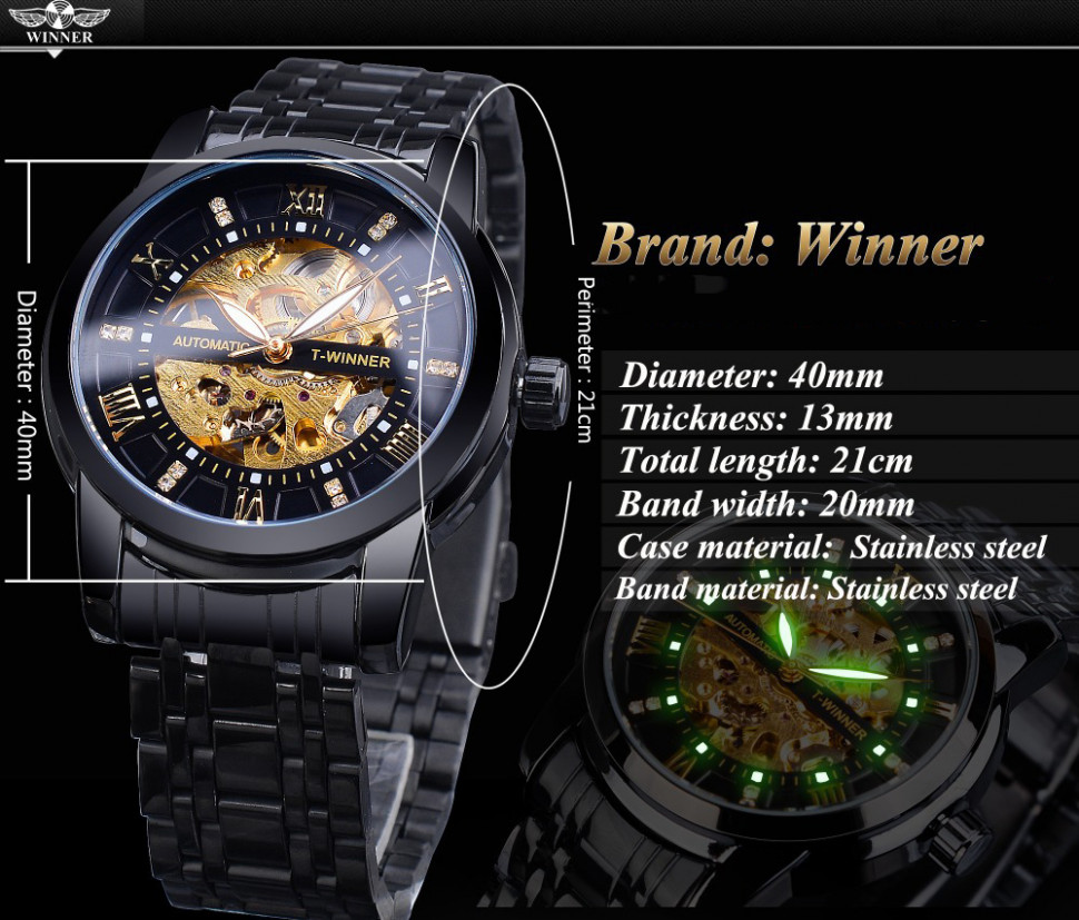 Чоловічий годинник механічний WINNER black 
