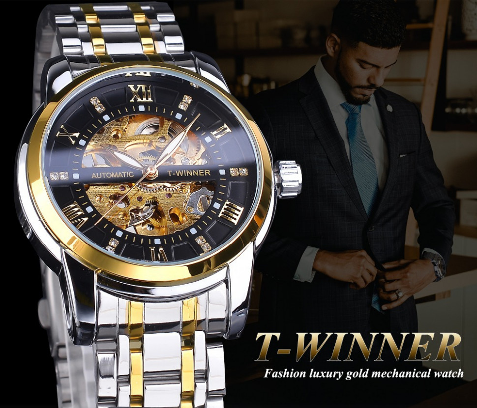 Чоловічий годинник механічний WINNER silver+gold+black