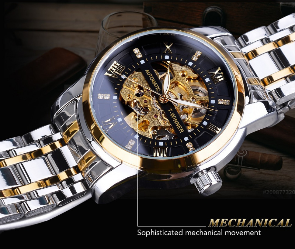 Чоловічий годинник механічний WINNER silver+gold+black