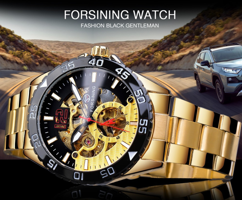 Чоловічий годинник механічний Forsining gold+black