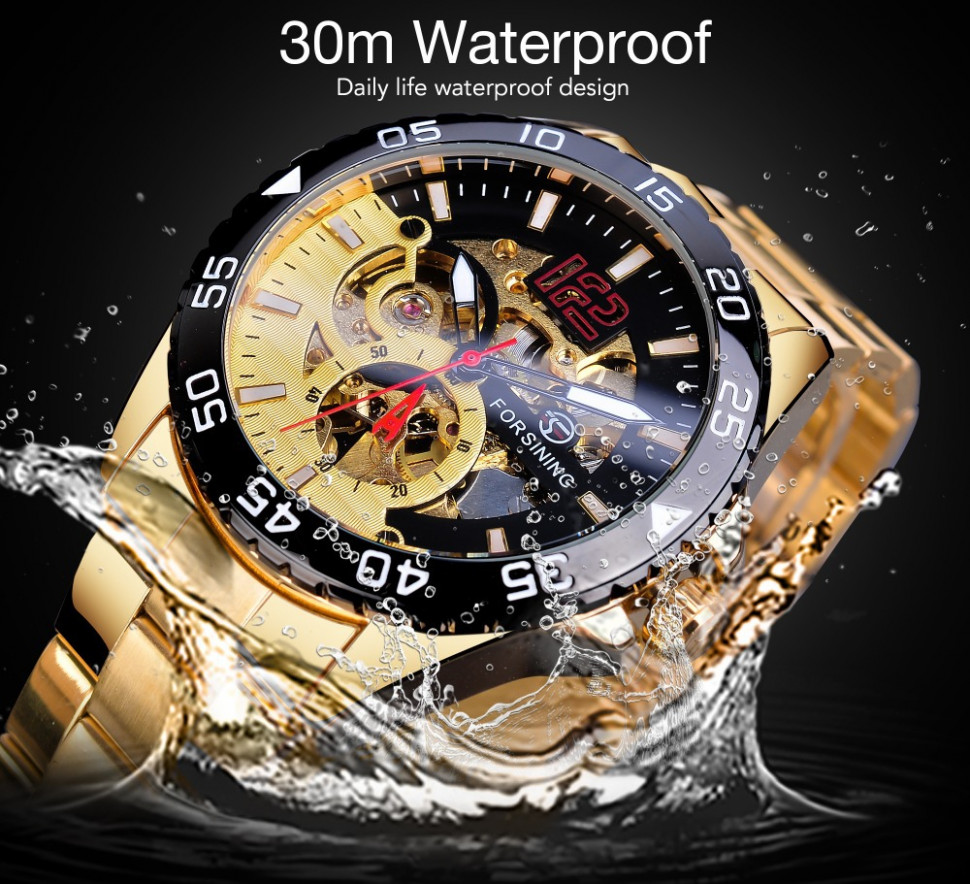 Чоловічий годинник механічний Forsining gold+black