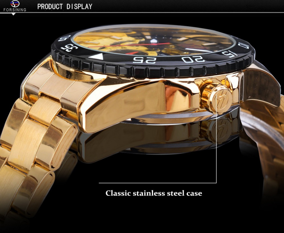 Чоловічий годинник механічний Forsining gold+black
