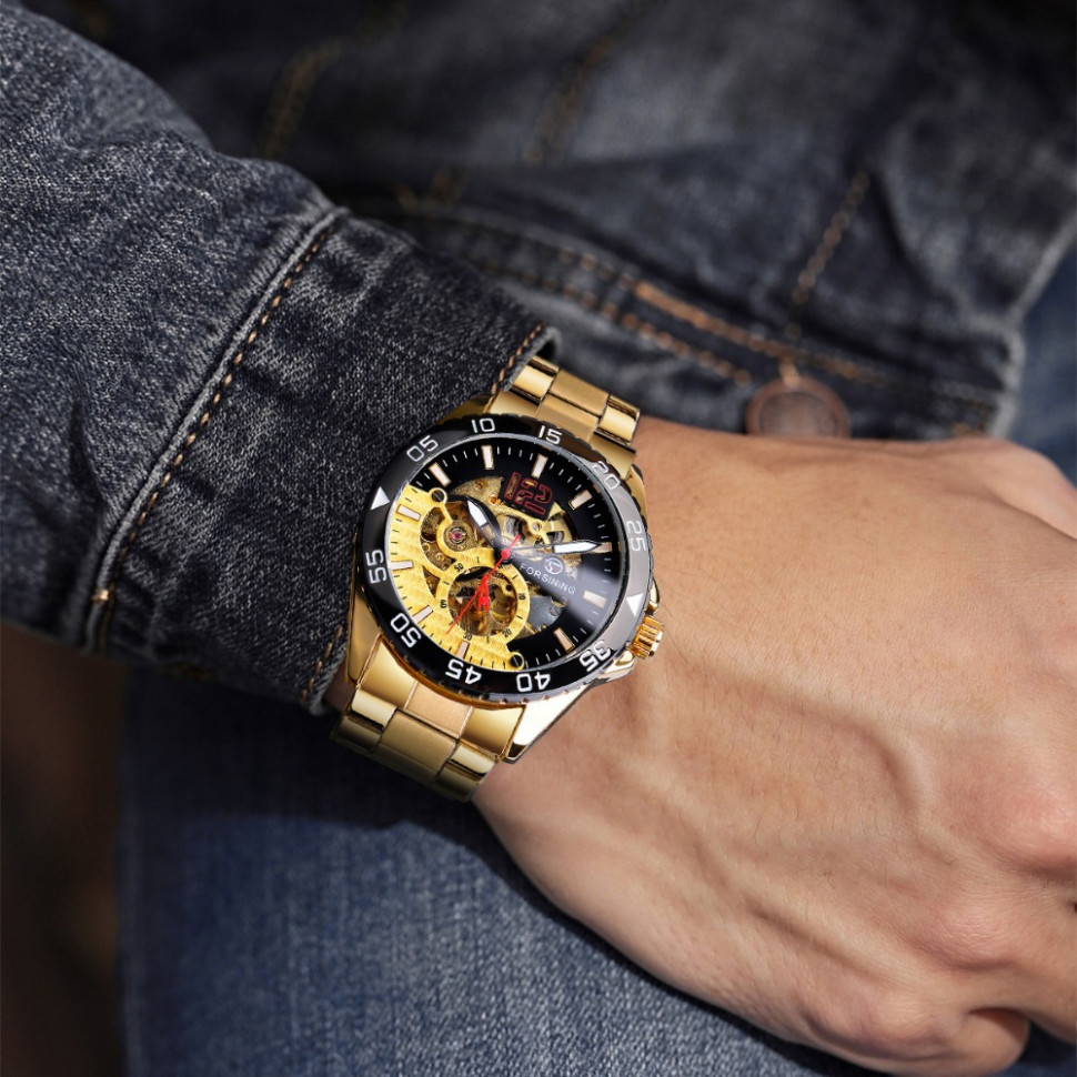 Чоловічий годинник механічний Forsining gold+black