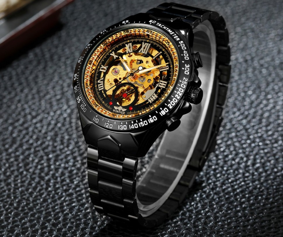 Чоловічий годинник механічний WINNER black+gold
