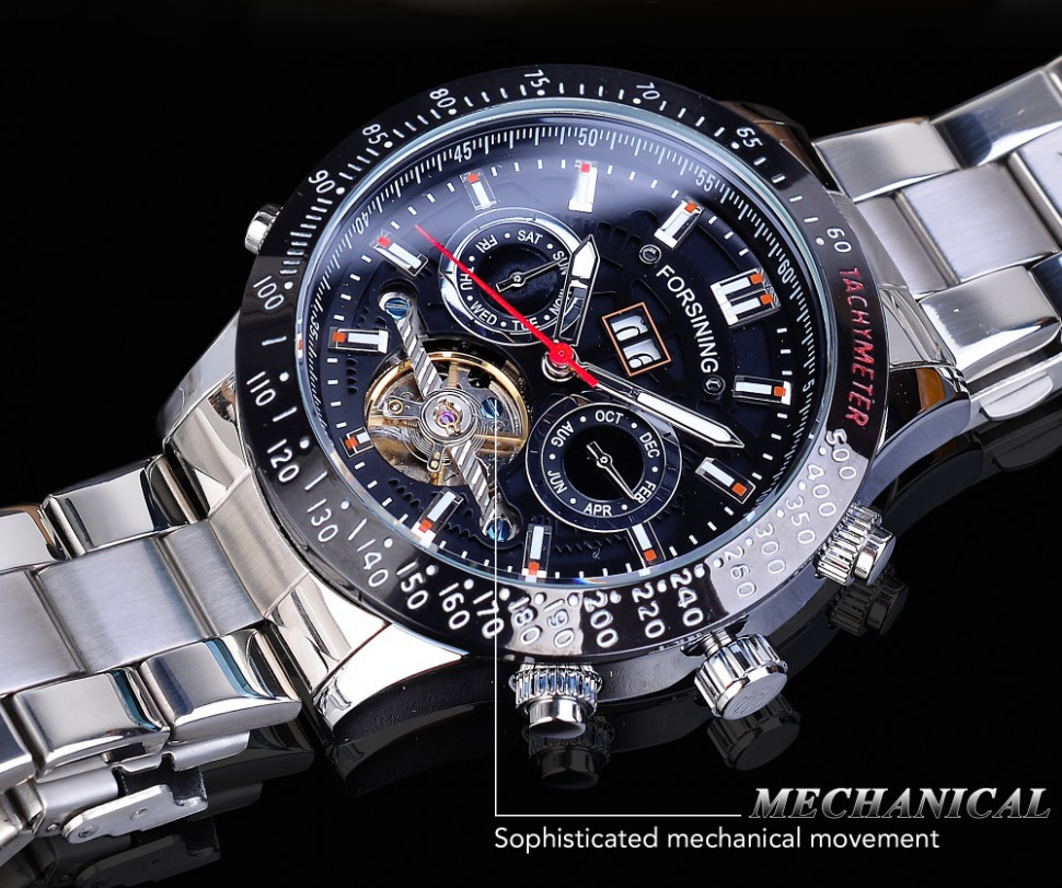 Чоловічий годинник механічний Forsining silver+black