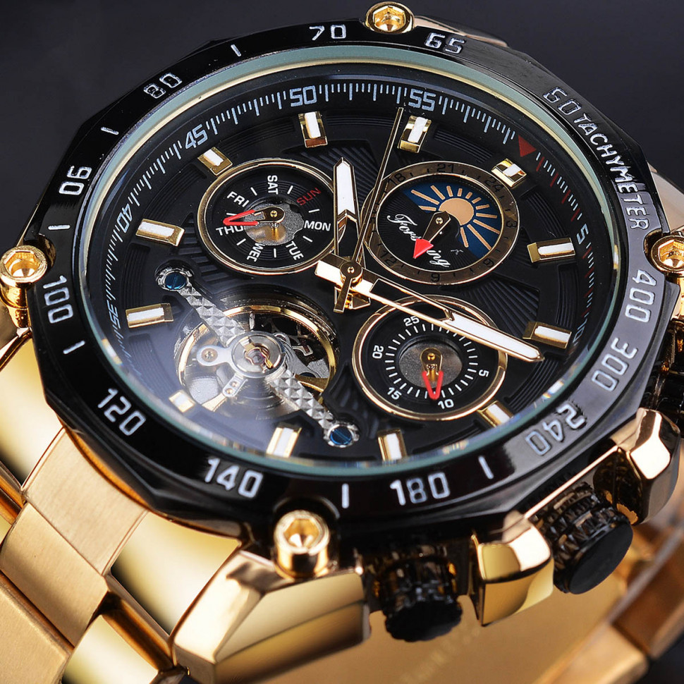 Чоловічий годинник механічний Forsining gold+black