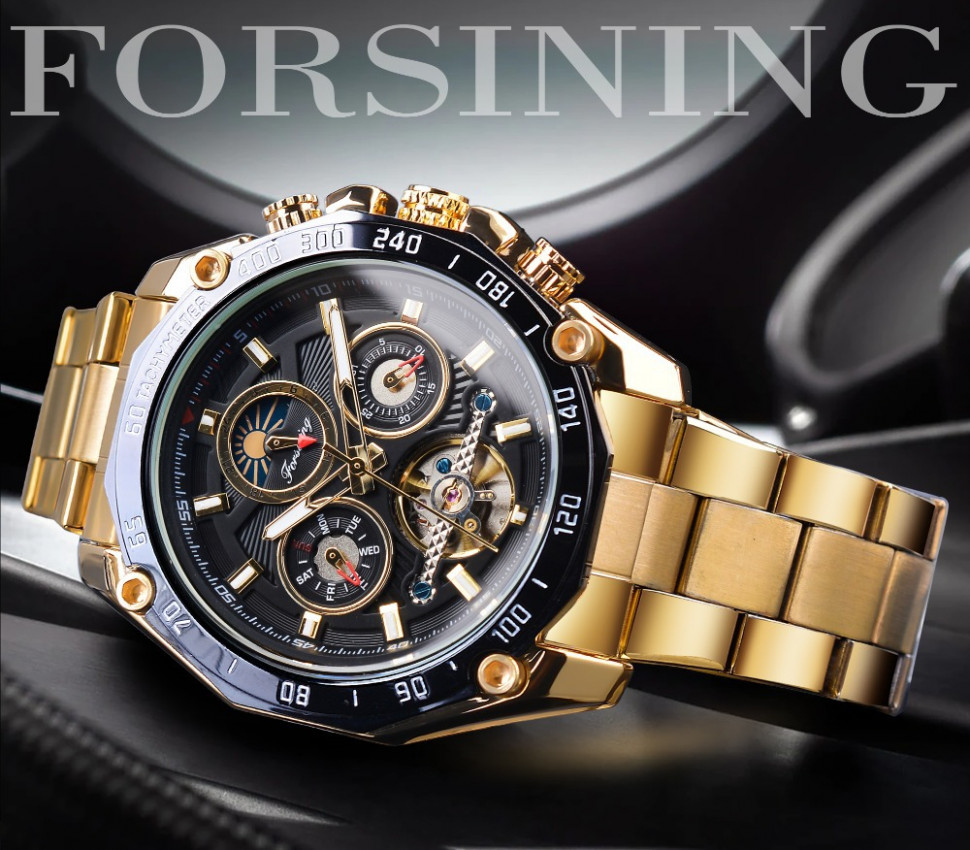 Чоловічий годинник механічний Forsining gold+black