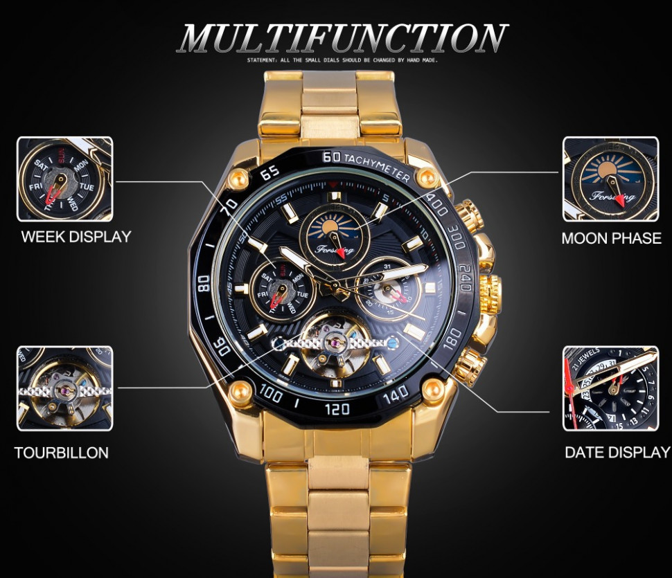 Чоловічий годинник механічний Forsining gold+black