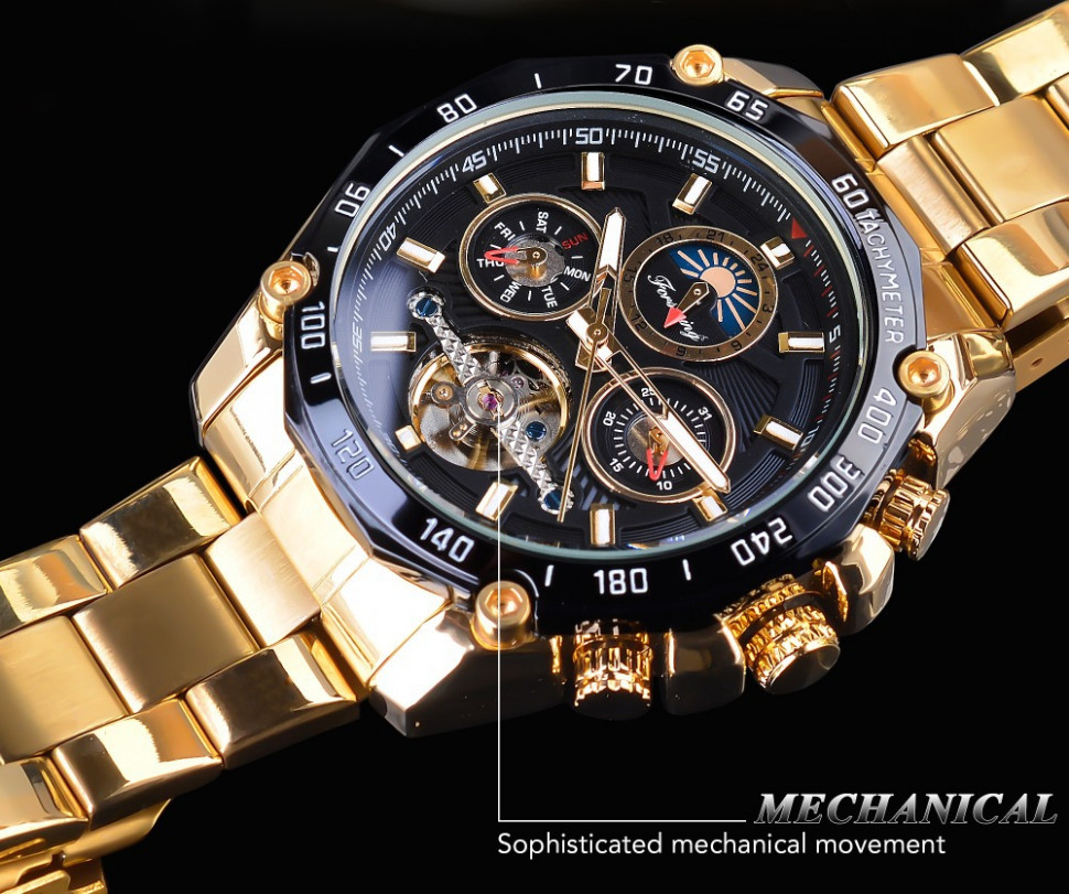 Чоловічий годинник механічний Forsining gold+black