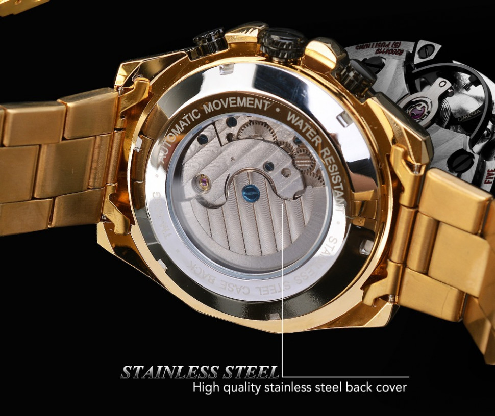 Чоловічий годинник механічний Forsining gold+black