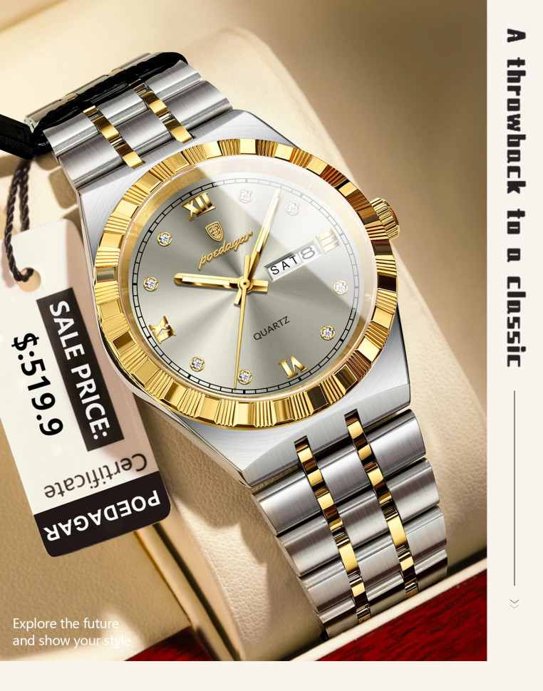 Чоловічий годинник Poedagar gold + grey
