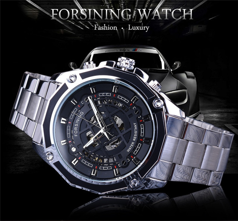 Чоловічий годинник механічний Forsining silver+black