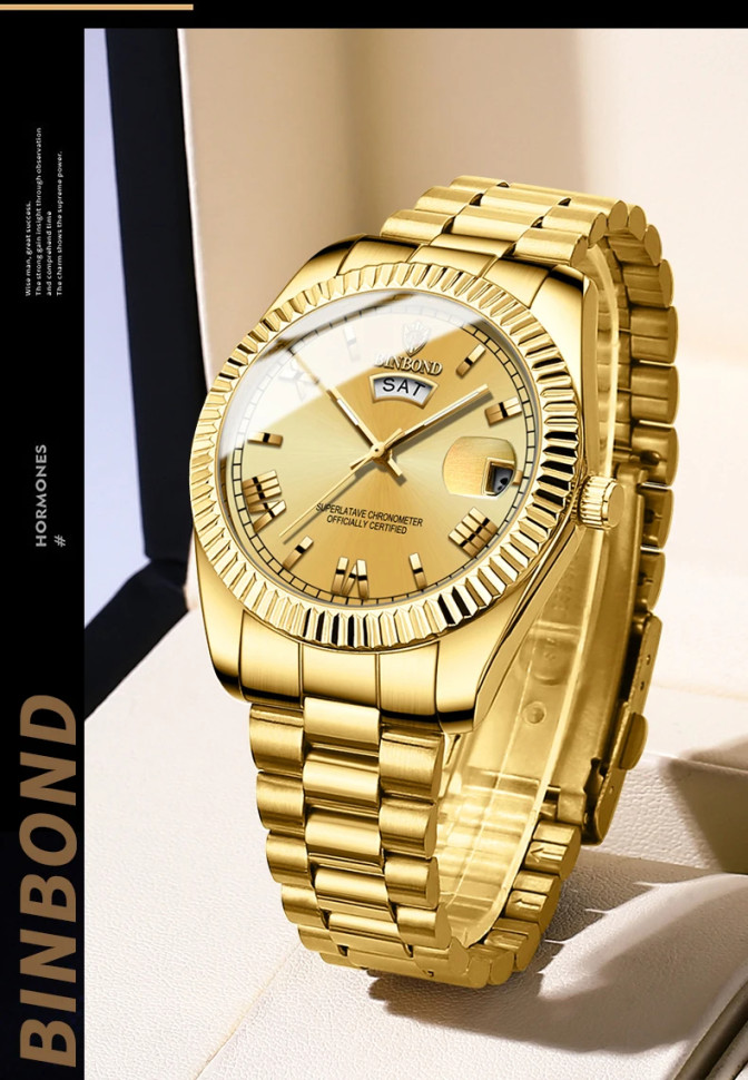 Чоловічий годинник BINBOND gold + gold