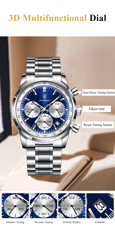 Чоловічий годинник Poedagar silver + blue