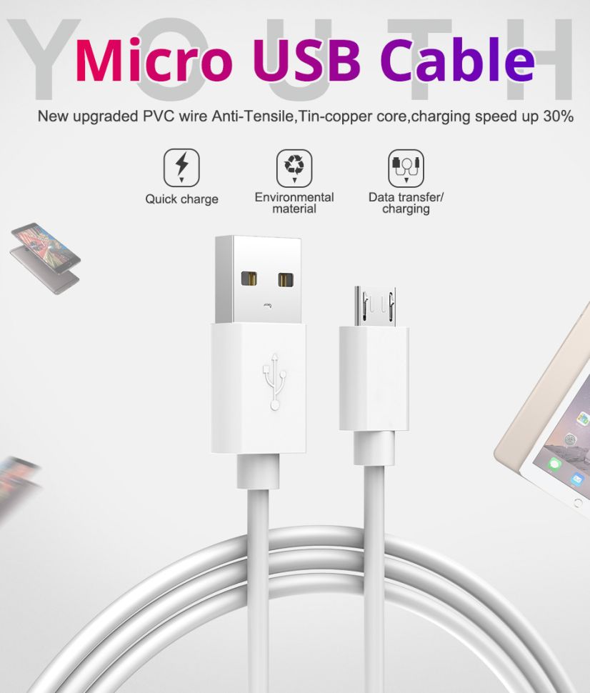 Кабель microUSB Quick Charge White 150 см 