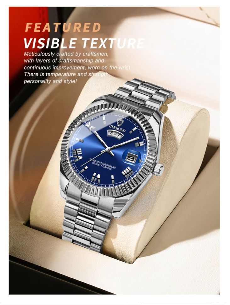 Чоловічий годинник BINBOND silver + blue