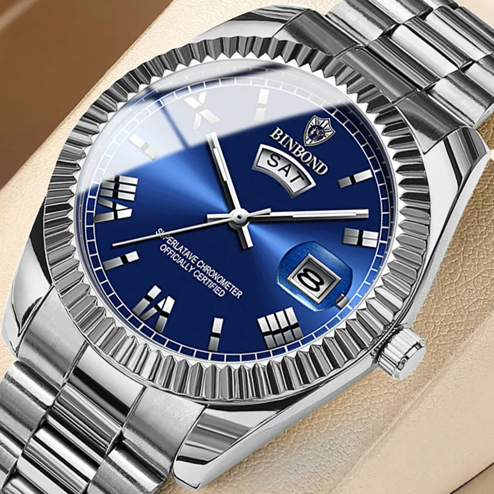 Чоловічий годинник BINBOND silver + blue