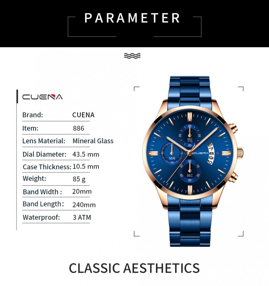 Чоловічий годинник CUENA blue+gold