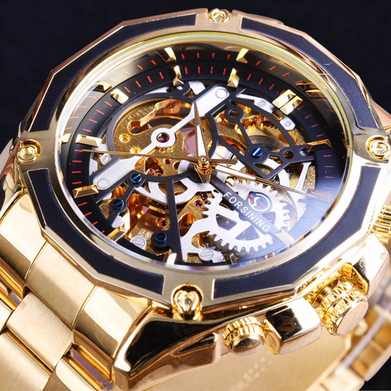Чоловічий годинник механічний Forsining gold+black 