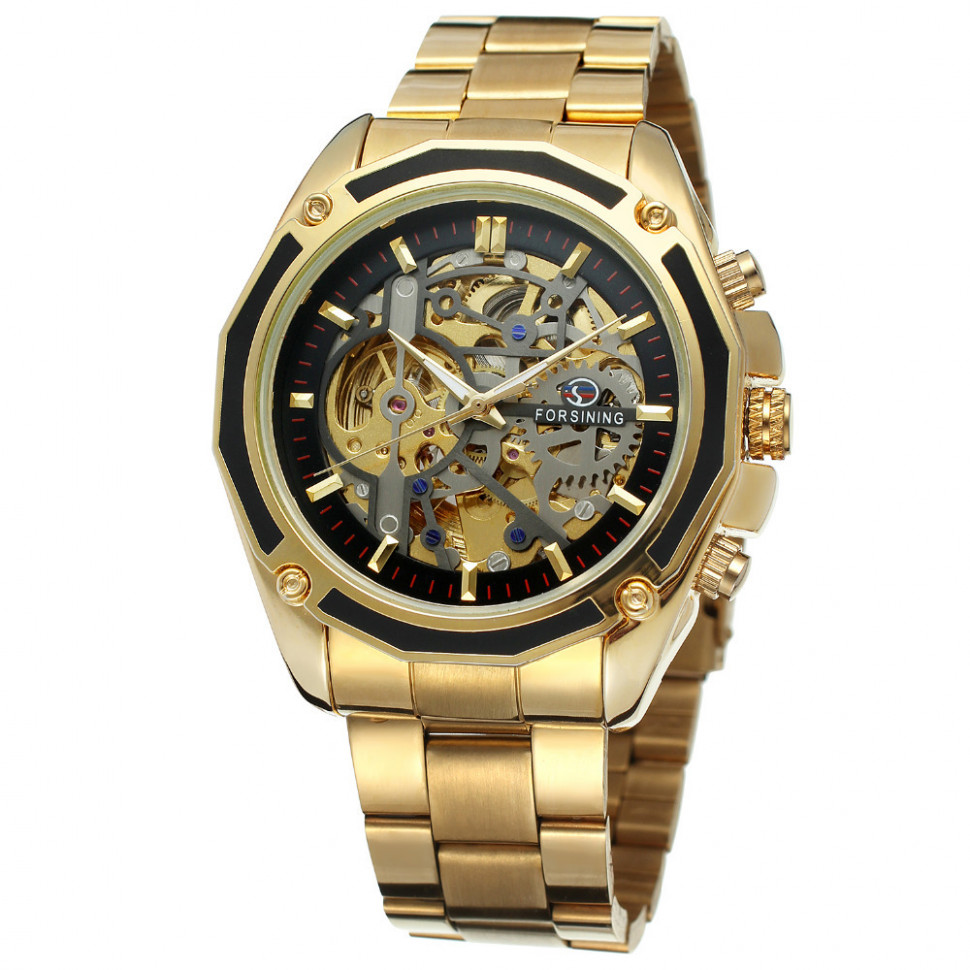 Чоловічий годинник механічний Forsining gold+black 