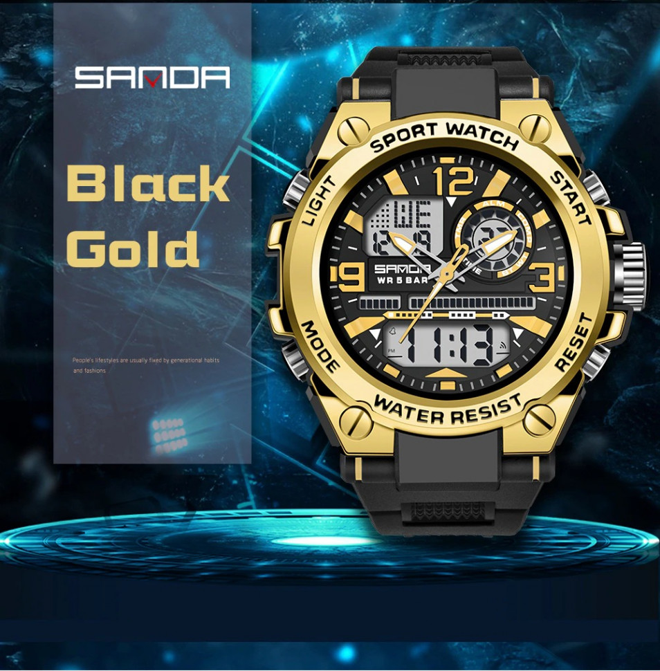 Чоловічий годинник SANDA black+gold