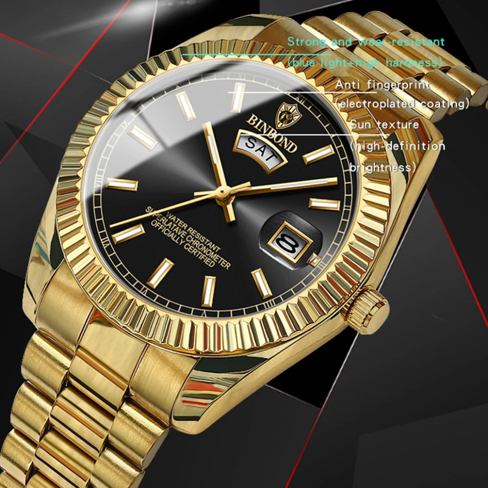 Чоловічий годинник BINBOND gold + black