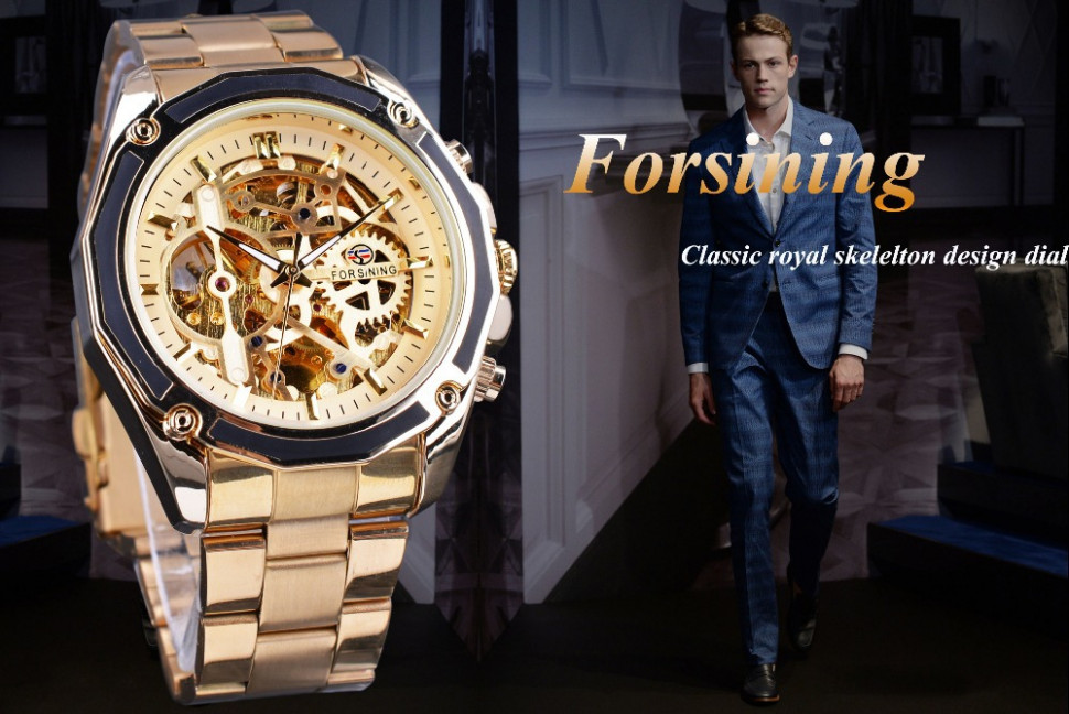 Чоловічий годинник механічний Forsining gold