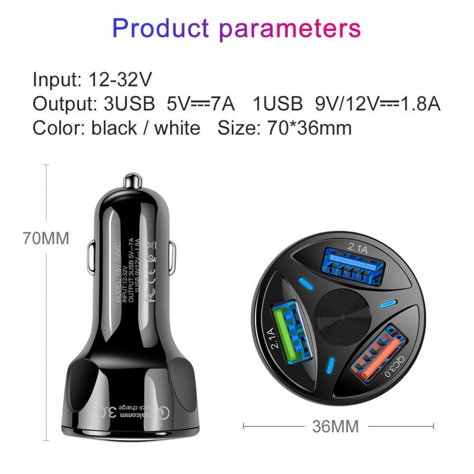 Автомобільний зарядний пристрій 3xUSB Quick Charge 3A