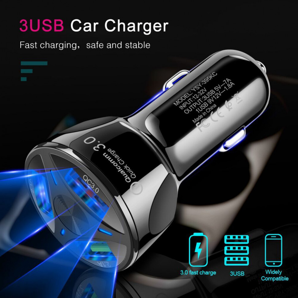 Автомобільний зарядний пристрій 3xUSB Quick Charge 3A