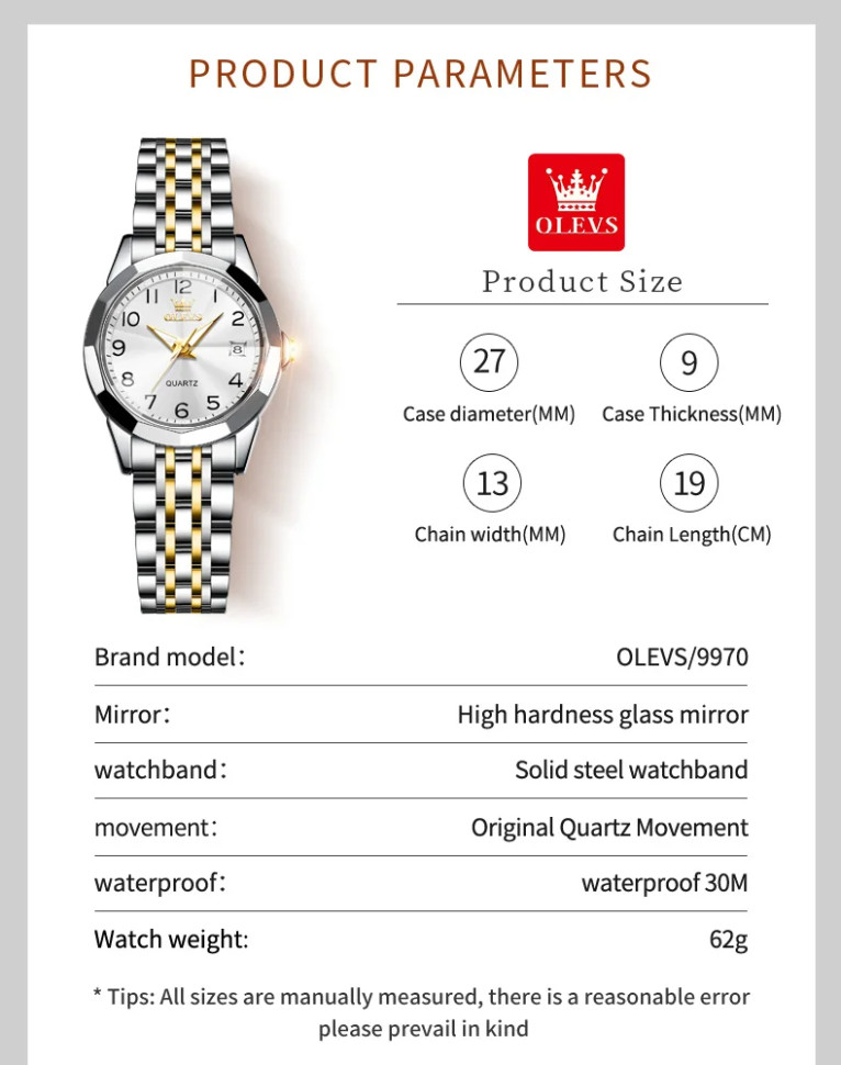 Жіночий годинник OLEVS silver + gold 