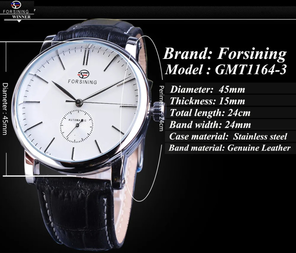 Чоловічий годинник механічний Forsining white + silver