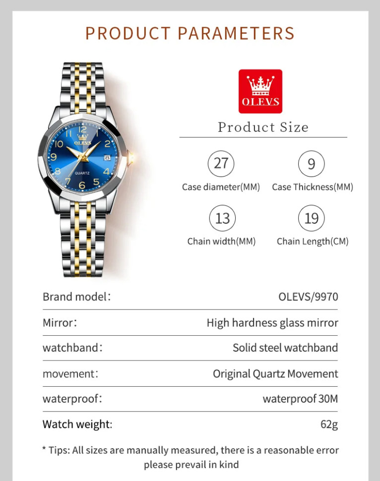Жіночий годинник OLEVS silver + blue