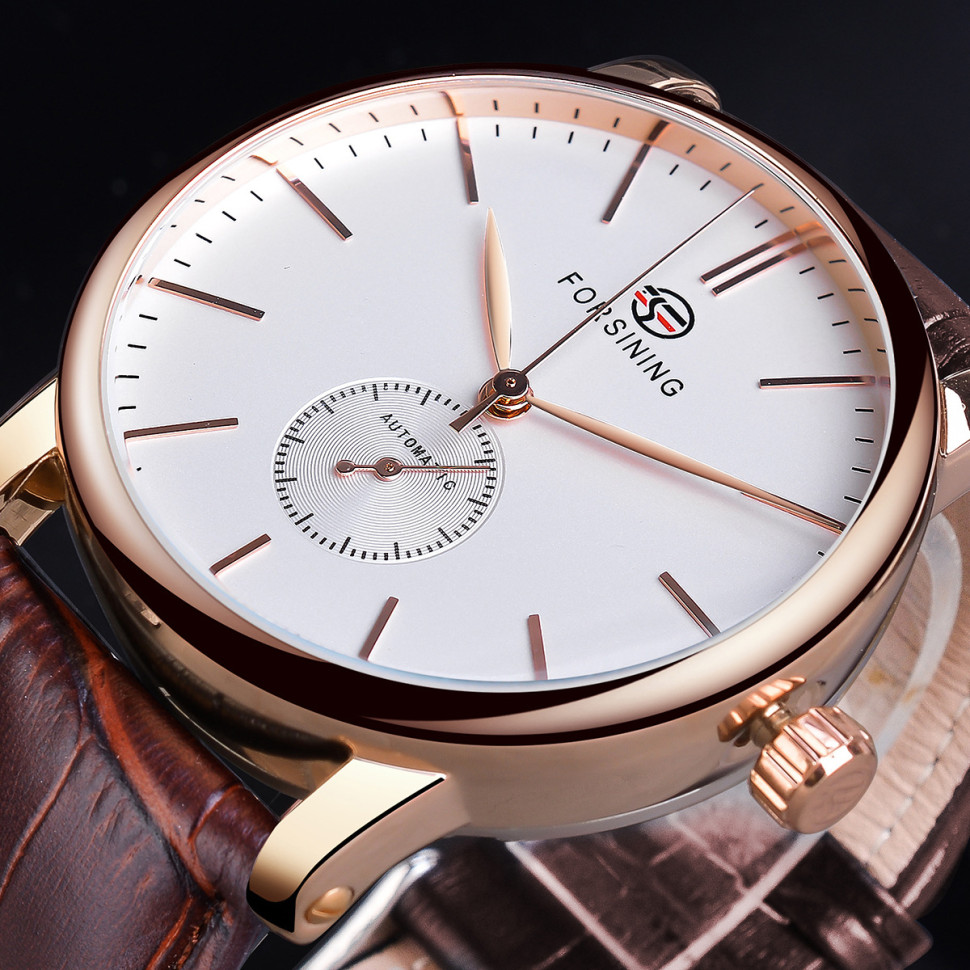 Чоловічий годинник механічний Forsining white + gold
