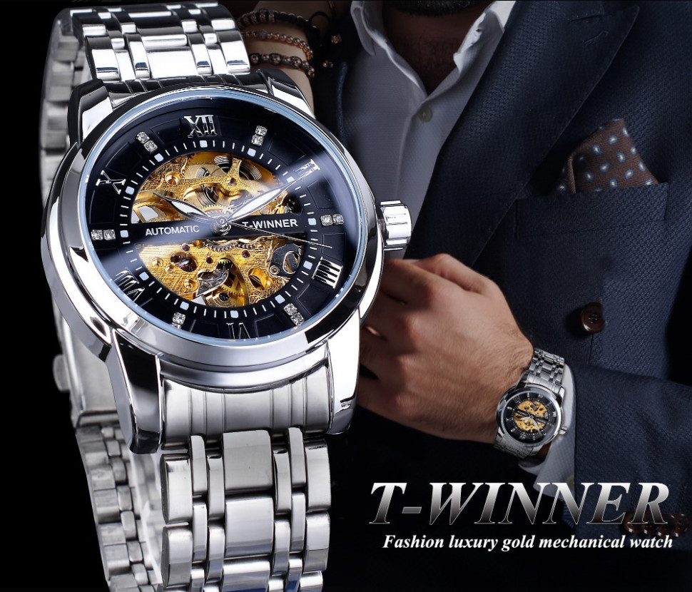Чоловічий годинник механічний WINNER silver + black