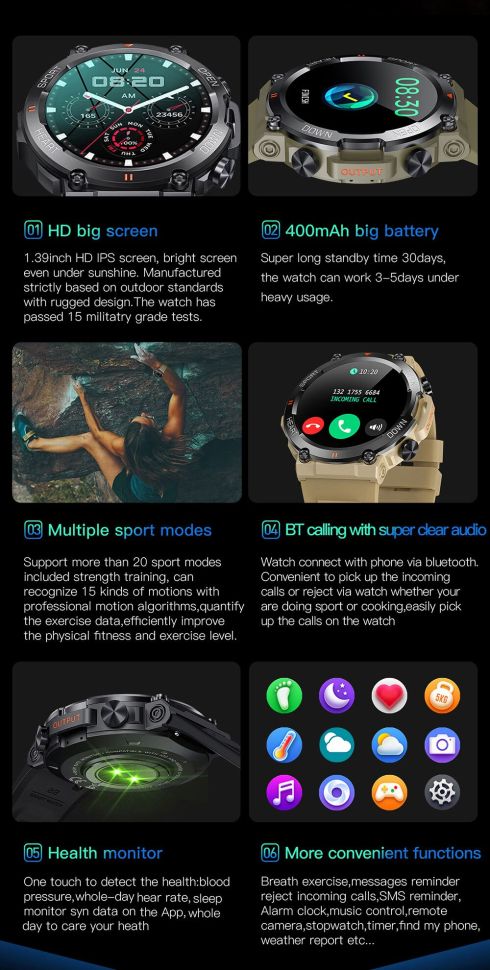Смарт-годинник протиударний Smart Device 102 black steel 