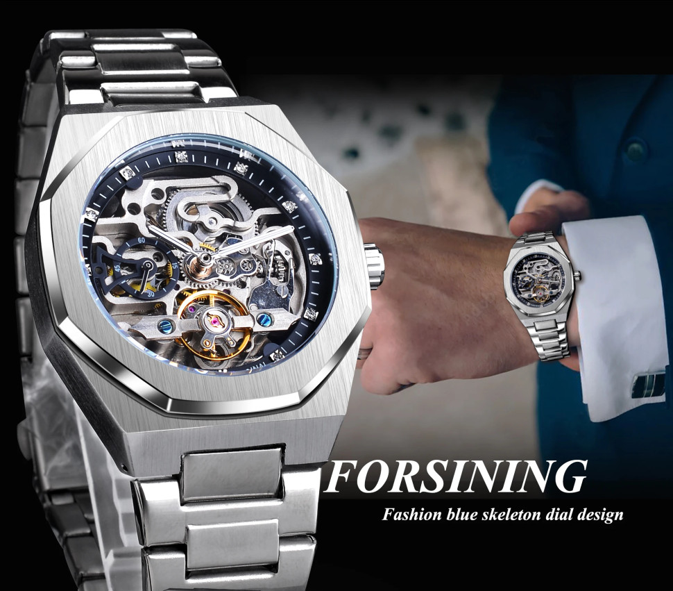 Чоловічий годинник механічний Forsining silver + black 