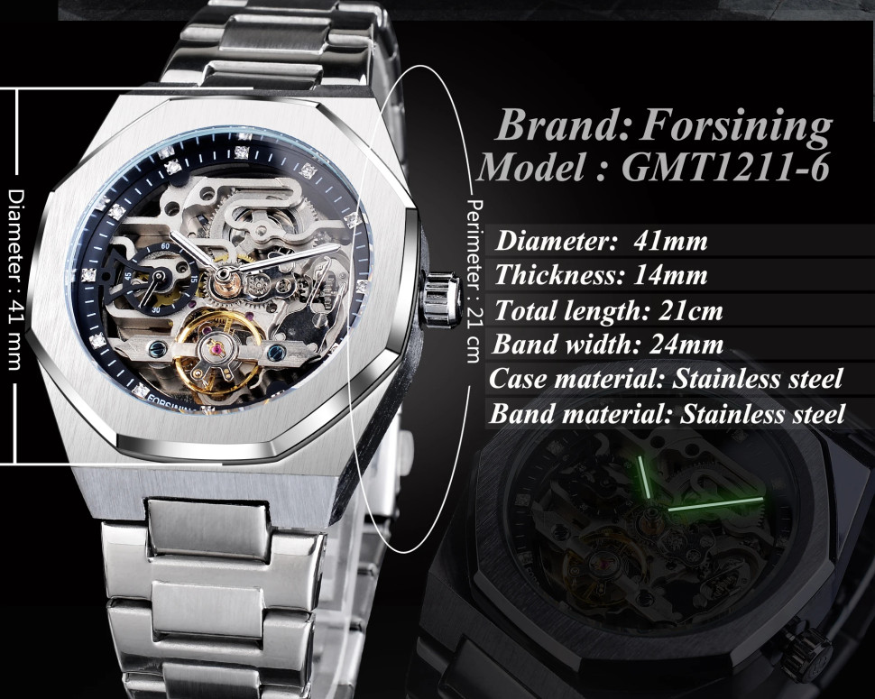 Чоловічий годинник механічний Forsining silver + black 