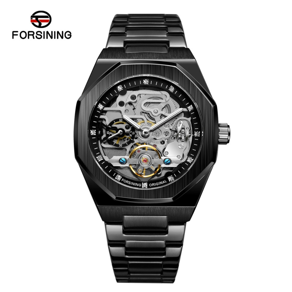 Чоловічий годинник механічний Forsining black+silver