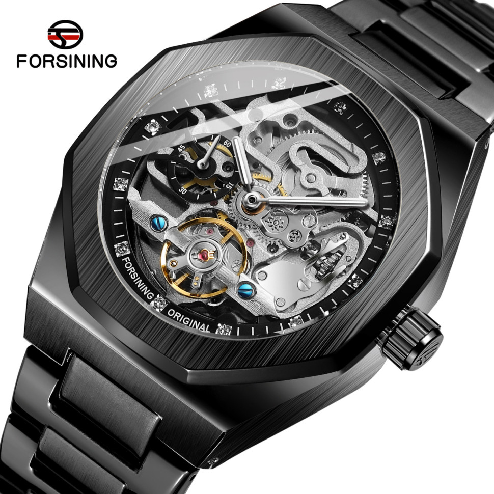 Чоловічий годинник механічний Forsining black+silver