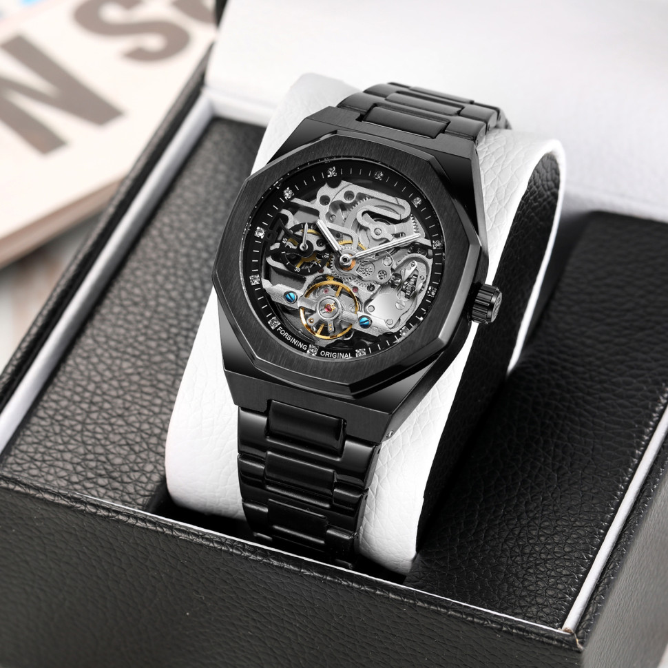 Чоловічий годинник механічний Forsining black+silver