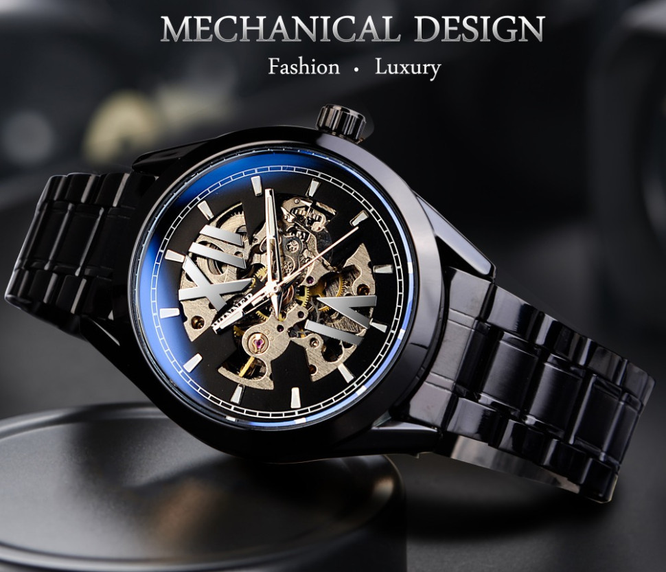 Чоловічий годинник механічний WINNER black + silver