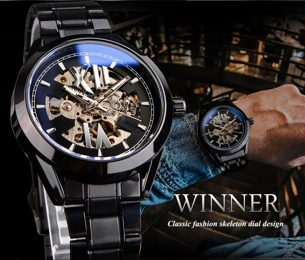 Чоловічий годинник механічний WINNER black + silver