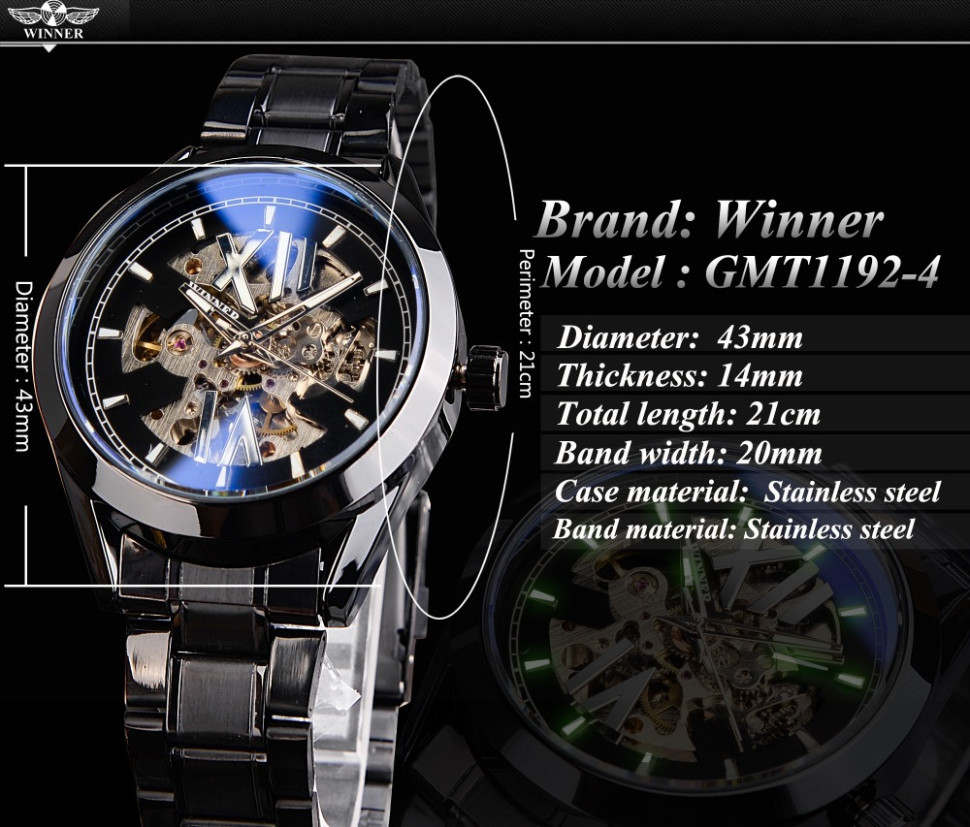 Чоловічий годинник механічний WINNER black + silver