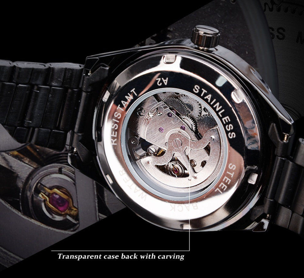 Чоловічий годинник механічний WINNER black + silver