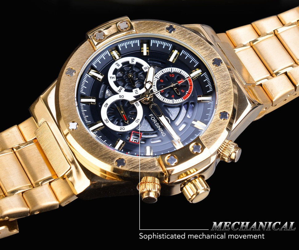 Чоловічий годинник механічний Forsining gold + black
