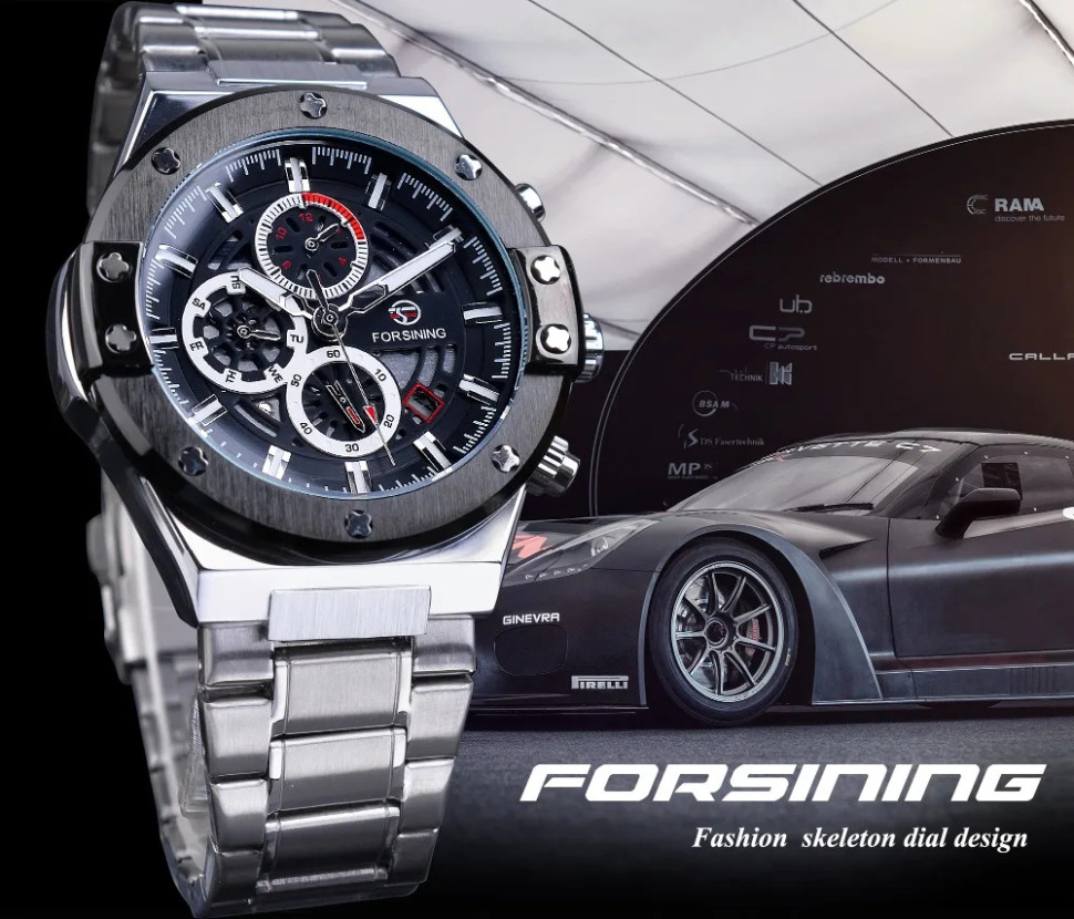 Чоловічий годинник механічний Forsining silver + black 