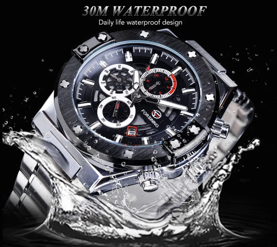 Чоловічий годинник механічний Forsining silver + black 