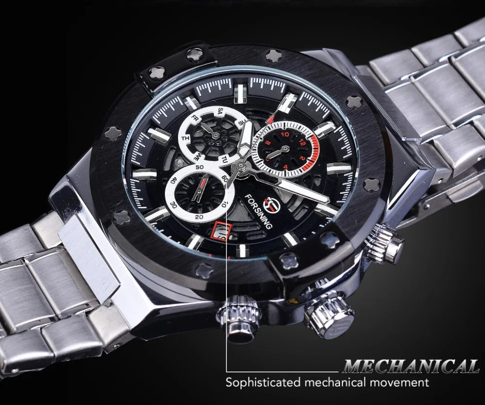 Чоловічий годинник механічний Forsining silver + black 