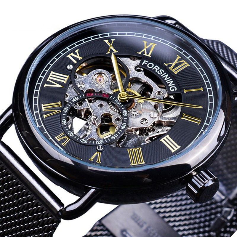 Чоловічий годинник механічний FORSINING black+gold